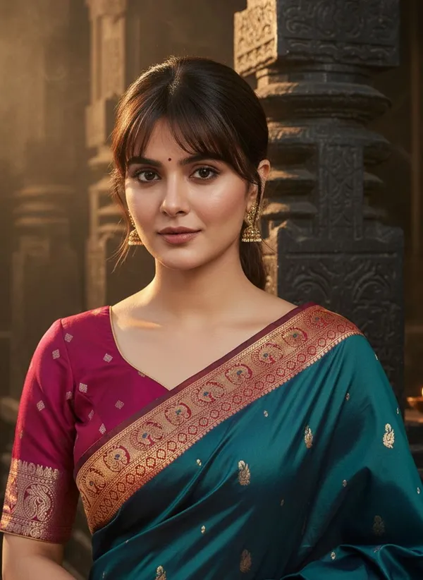 Dark_Green_Georgette_Peacock_Jacquard_Woven_Kanjivaram_Saree_For_Women_|_With_Blouse_Piece