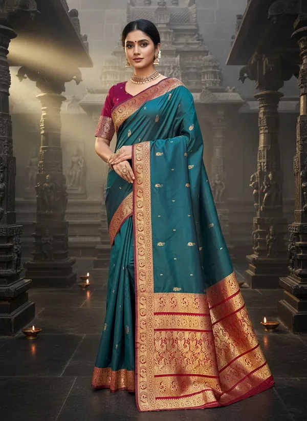 Dark_Green_Georgette_Peacock_Jacquard_Woven_Kanjivaram_Saree_For_Women_|_With_Blouse_Piece