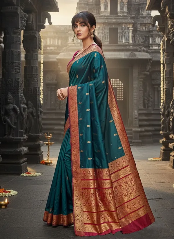 Dark_Green_Georgette_Peacock_Jacquard_Woven_Kanjivaram_Saree_For_Women_|_With_Blouse_Piece
