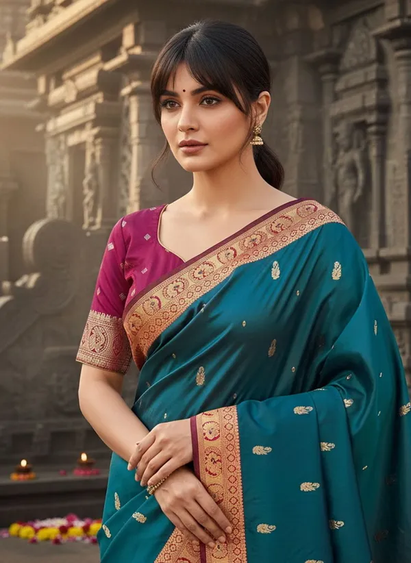 Dark_Green_Georgette_Peacock_Jacquard_Woven_Kanjivaram_Saree_For_Women_|_With_Blouse_Piece