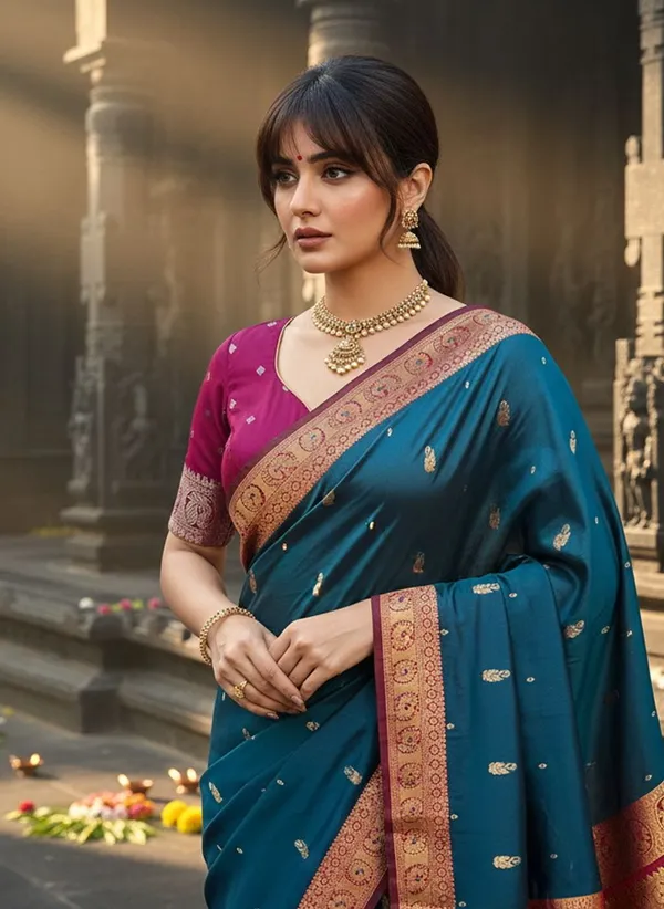 Dark_Green_Georgette_Peacock_Jacquard_Woven_Kanjivaram_Saree_For_Women_|_With_Blouse_Piece