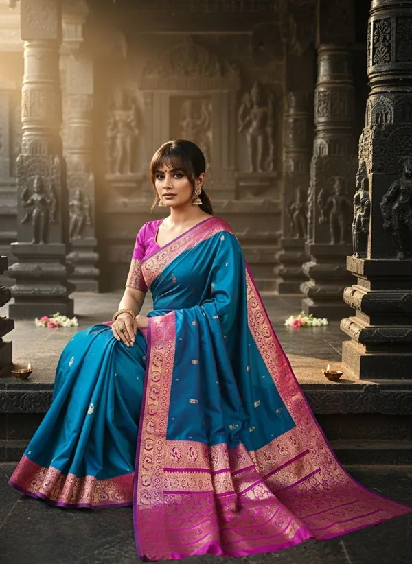 Blue_Kanjivaram_Pure_Silk_Jacquard_Gold_Zari_Peacock_Motif_Saree_For_Women_|_With_Blouse_Piece