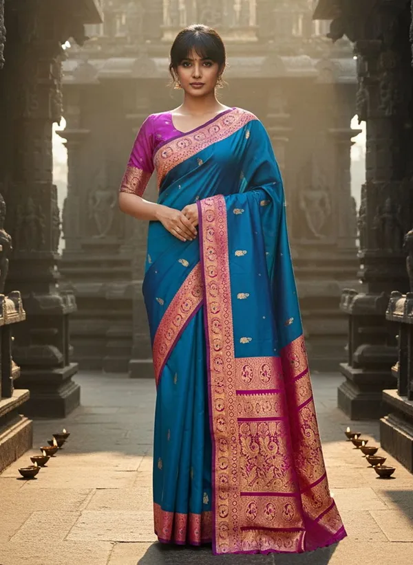 Blue_Kanjivaram_Pure_Silk_Jacquard_Gold_Zari_Peacock_Motif_Saree_For_Women_|_With_Blouse_Piece