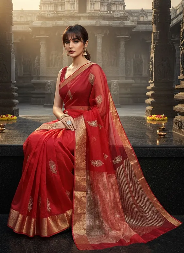 Red_Organza_Jacquard_Embroidered_Peacock_Zari_Saree_For_Women_|_With_Blouse_Piece