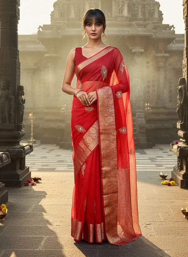 Red_Organza_Jacquard_Embroidered_Peacock_Zari_Saree_For_Women_|_With_Blouse_Piece