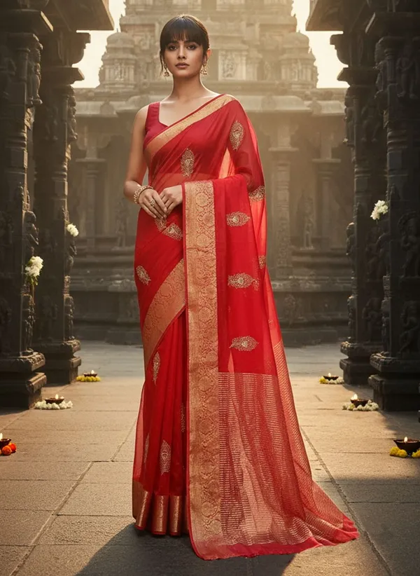 Red_Organza_Jacquard_Embroidered_Peacock_Zari_Saree_For_Women_|_With_Blouse_Piece