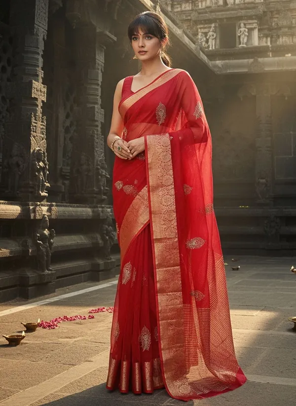Red_Organza_Jacquard_Embroidered_Peacock_Zari_Saree_For_Women_|_With_Blouse_Piece