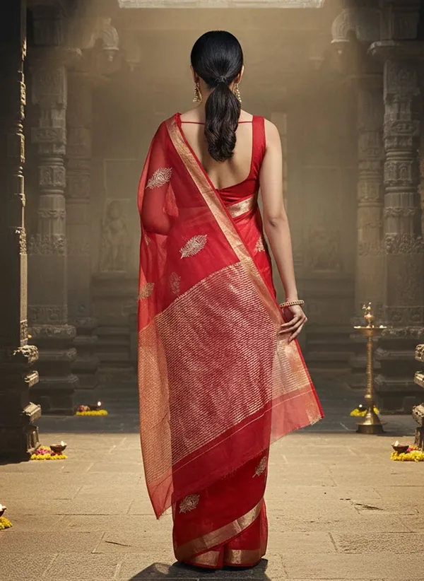 Red_Organza_Jacquard_Embroidered_Peacock_Zari_Saree_For_Women_|_With_Blouse_Piece