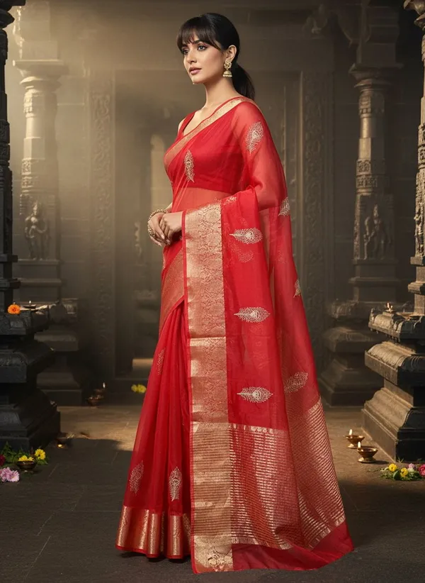 Red_Organza_Jacquard_Embroidered_Peacock_Zari_Saree_For_Women_|_With_Blouse_Piece