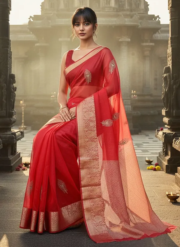 Red_Organza_Jacquard_Embroidered_Peacock_Zari_Saree_For_Women_|_With_Blouse_Piece