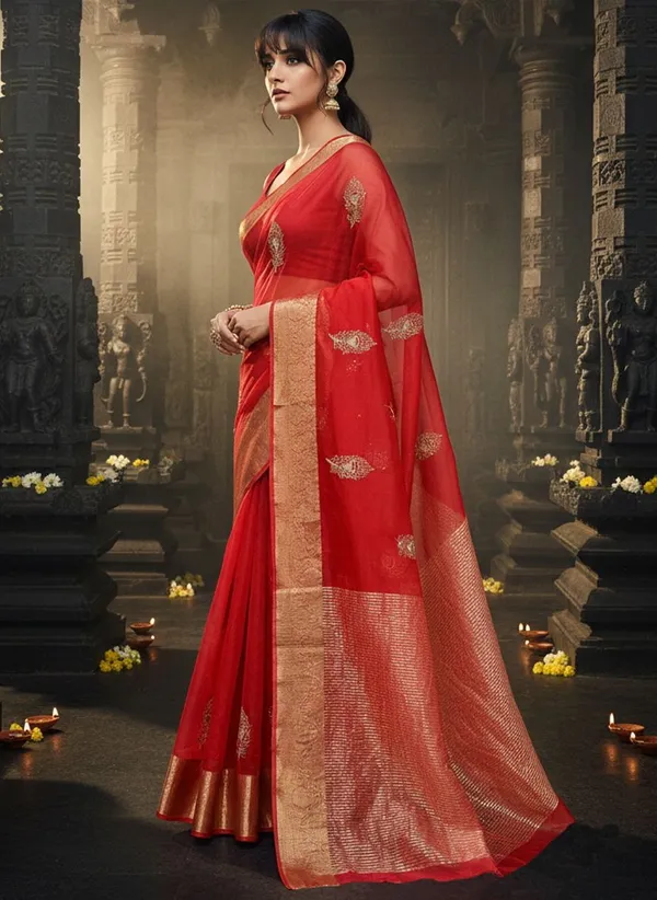 Red_Organza_Jacquard_Embroidered_Peacock_Zari_Saree_For_Women_|_With_Blouse_Piece
