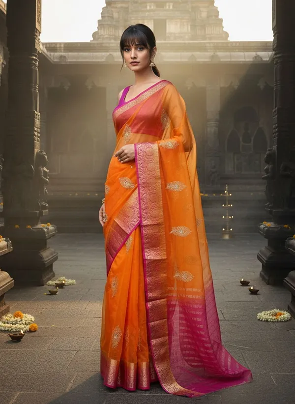 Orange_Organza_Woven_Embroidered_Banarasi_Jacquard_Saree_For_Women_|_With_Blouse_Piece