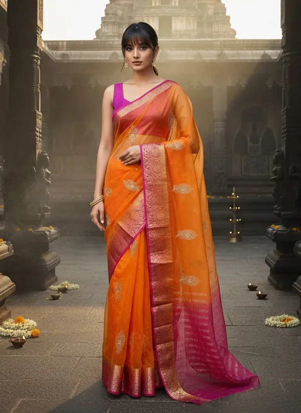 Orange_Organza_Woven_Embroidered_Banarasi_Jacquard_Saree_For_Women_|_With_Blouse_Piece
