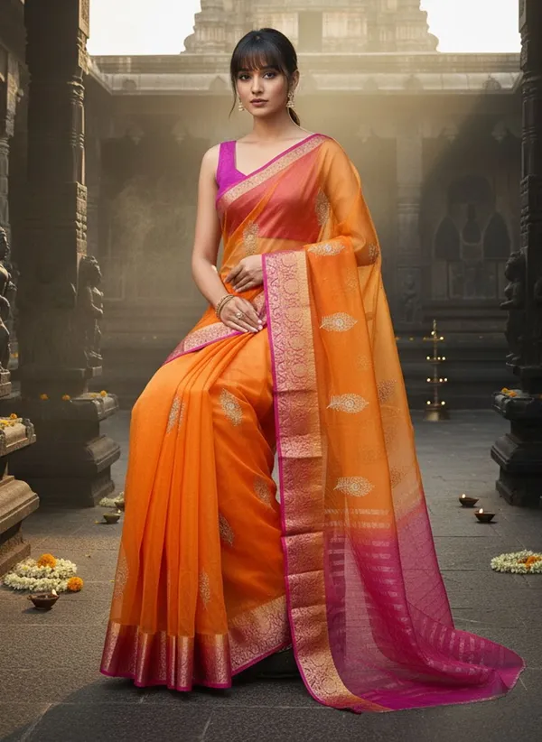 Orange_Organza_Woven_Embroidered_Banarasi_Jacquard_Saree_For_Women_|_With_Blouse_Piece