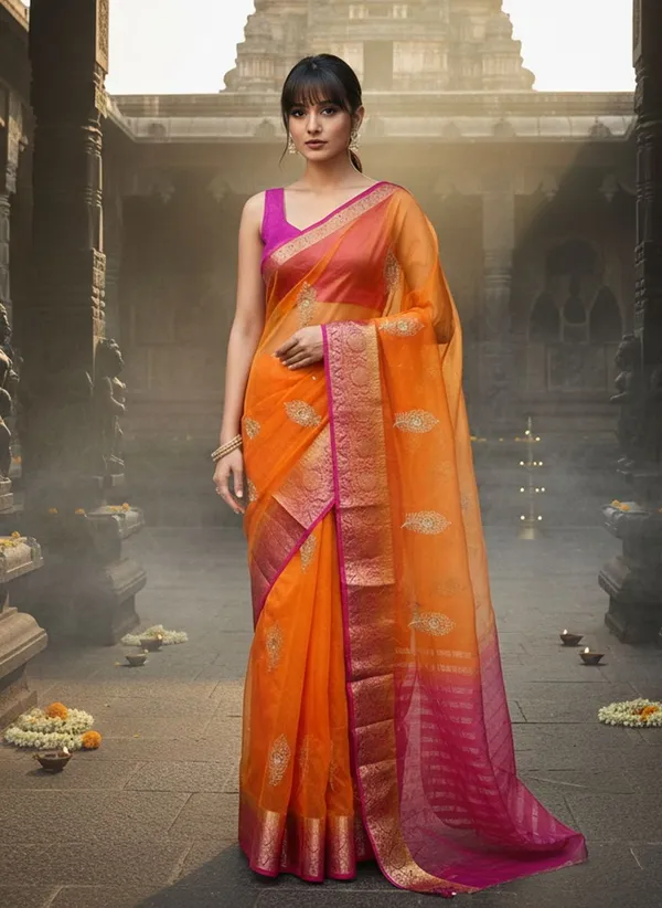 Orange_Organza_Woven_Embroidered_Banarasi_Jacquard_Saree_For_Women_|_With_Blouse_Piece