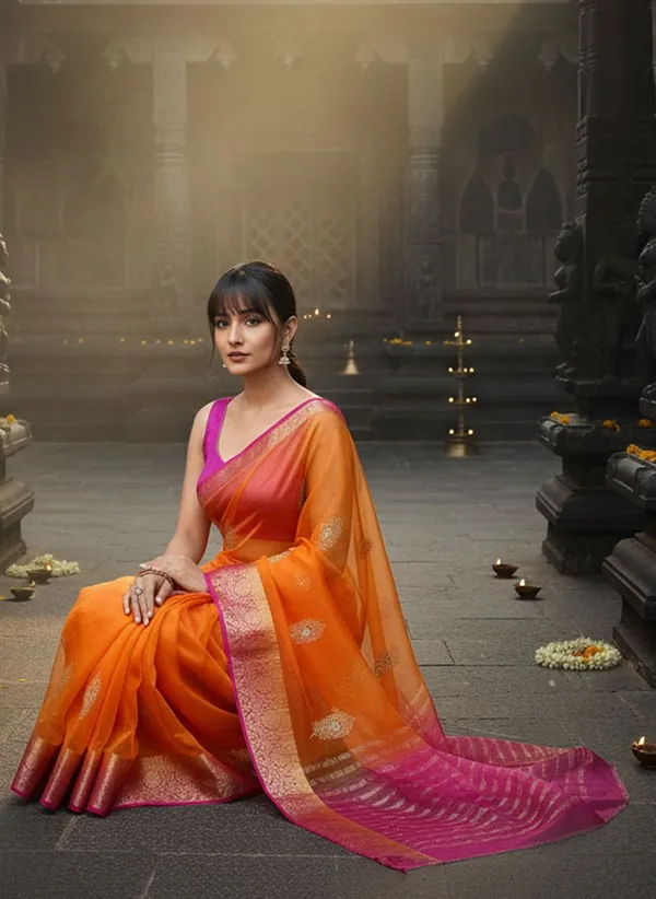Orange_Organza_Woven_Embroidered_Banarasi_Jacquard_Saree_For_Women_|_With_Blouse_Piece