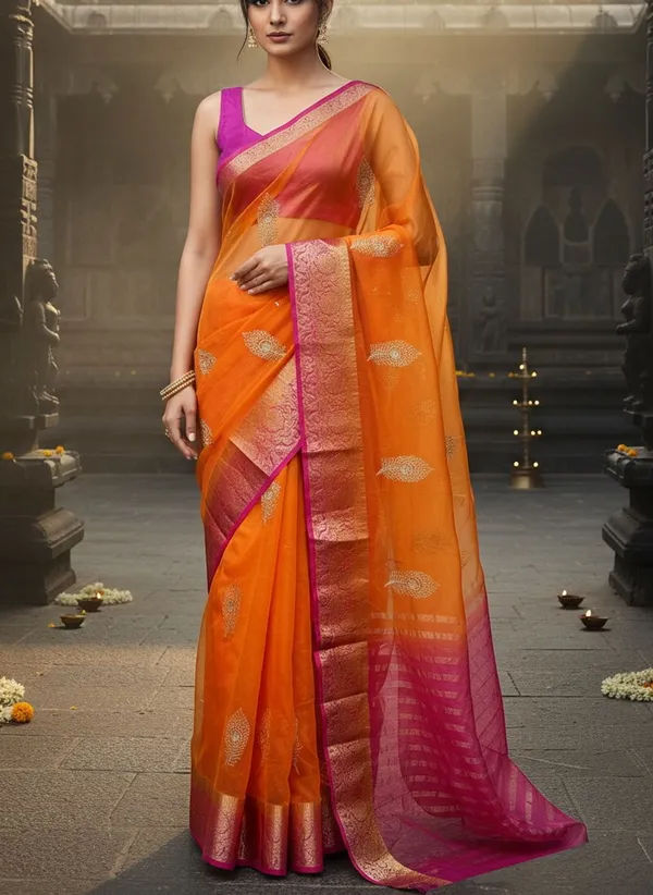 Orange_Organza_Woven_Embroidered_Banarasi_Jacquard_Saree_For_Women_|_With_Blouse_Piece