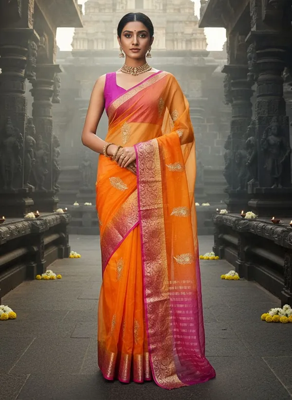 Orange_Organza_Woven_Embroidered_Banarasi_Jacquard_Saree_For_Women_|_With_Blouse_Piece