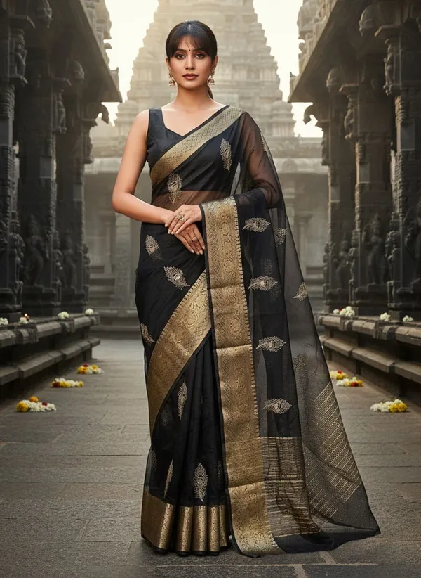 Black_Organza_Jacquard_Embroidered_Banarasi_Saree_For_Women_|_With_Blouse_Piece