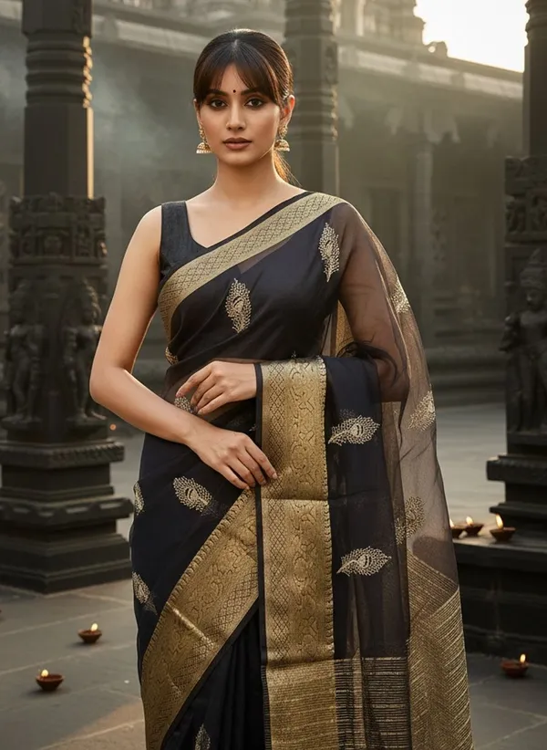 Black_Organza_Jacquard_Embroidered_Banarasi_Saree_For_Women_|_With_Blouse_Piece