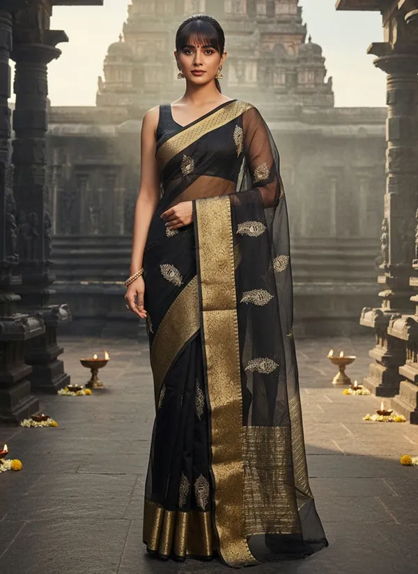 Black_Organza_Jacquard_Embroidered_Banarasi_Saree_For_Women_|_With_Blouse_Piece