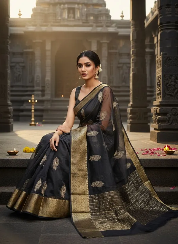 Black_Organza_Jacquard_Embroidered_Banarasi_Saree_For_Women_|_With_Blouse_Piece