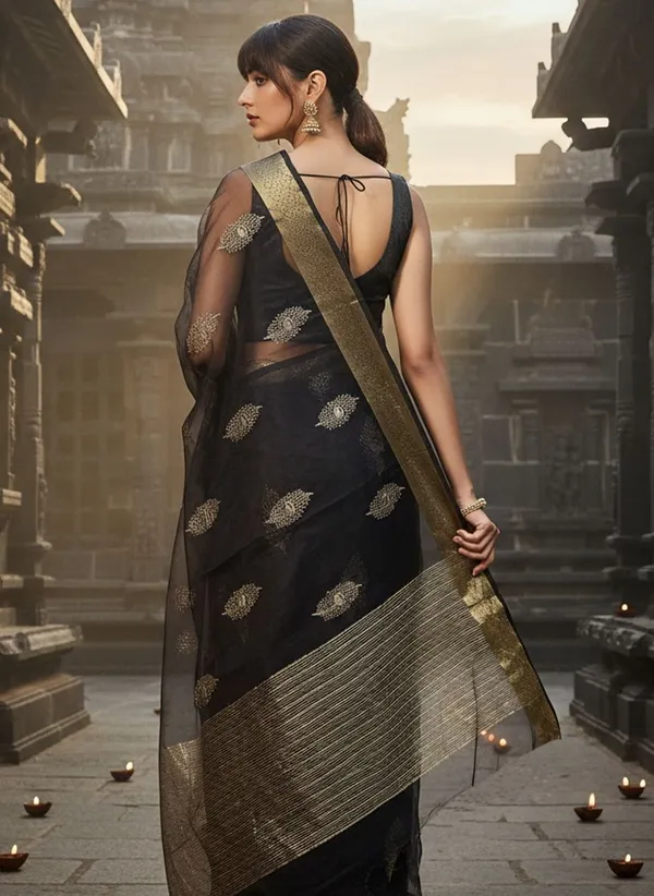 Black_Organza_Jacquard_Embroidered_Banarasi_Saree_For_Women_|_With_Blouse_Piece