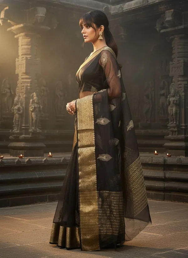 Black_Organza_Jacquard_Embroidered_Banarasi_Saree_For_Women_|_With_Blouse_Piece