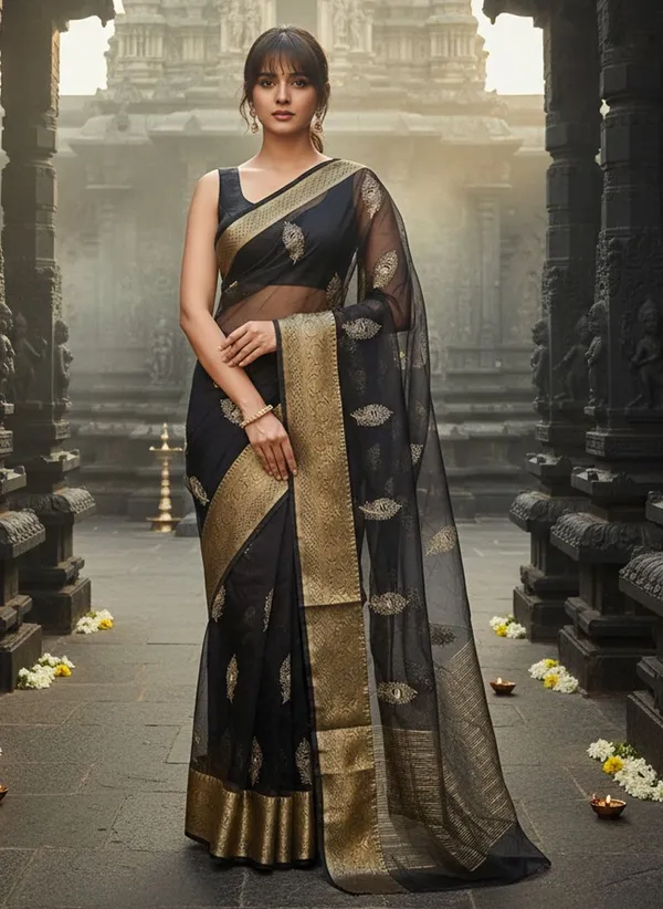 Black_Organza_Jacquard_Embroidered_Banarasi_Saree_For_Women_|_With_Blouse_Piece