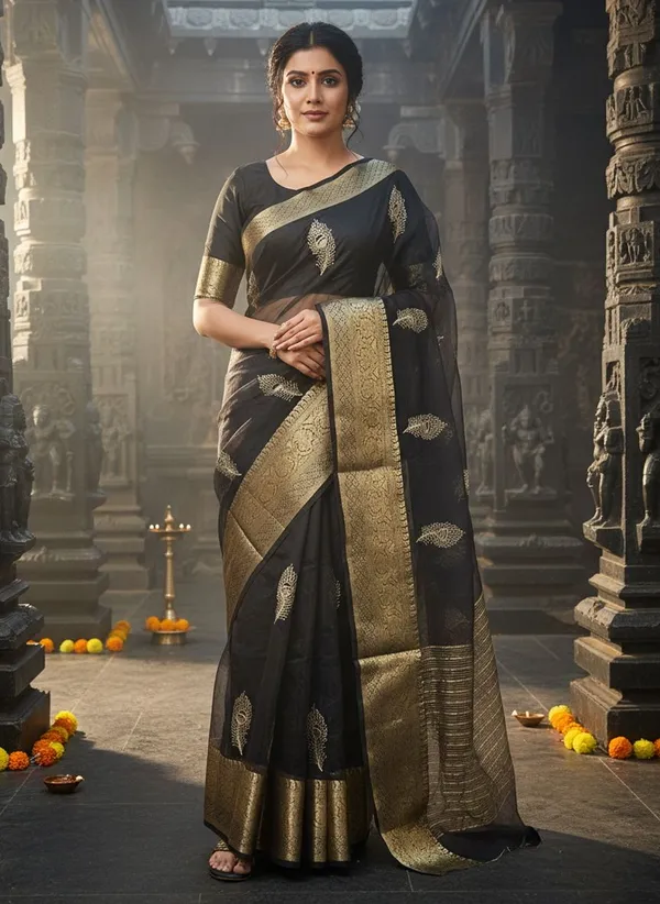 Black_Organza_Jacquard_Embroidered_Banarasi_Saree_For_Women_|_With_Blouse_Piece