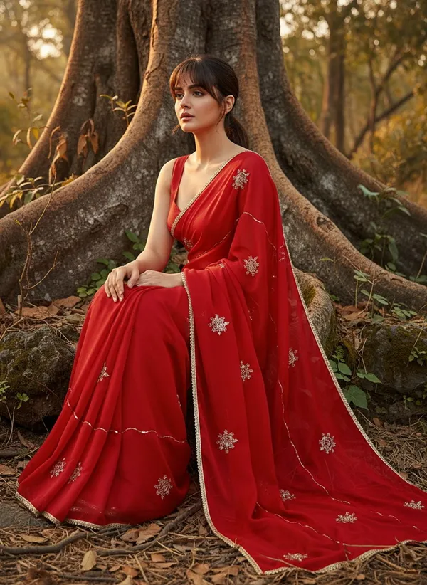 Red_Georgette_Embroidered_Embellished_Saree_For_Women_|_With_Blouse_Piece