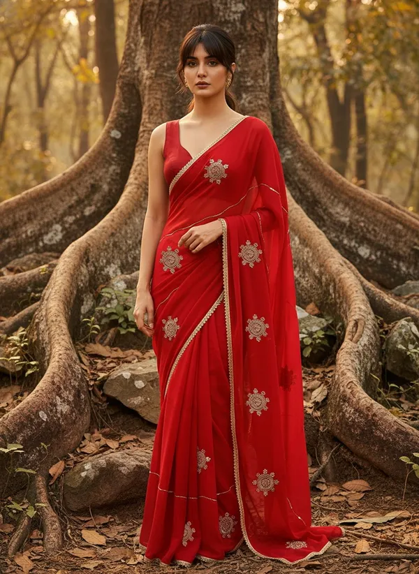 Red_Georgette_Embroidered_Embellished_Saree_For_Women_|_With_Blouse_Piece