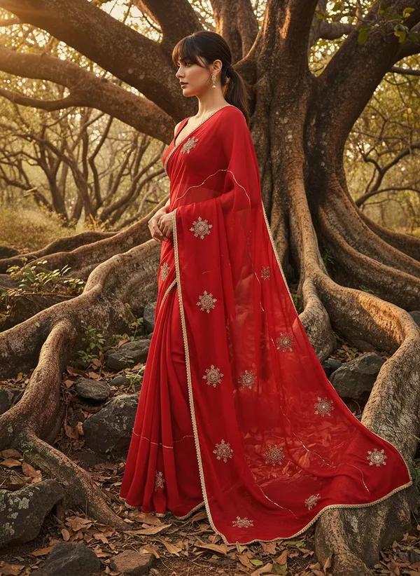 Red_Georgette_Embroidered_Embellished_Saree_For_Women_|_With_Blouse_Piece
