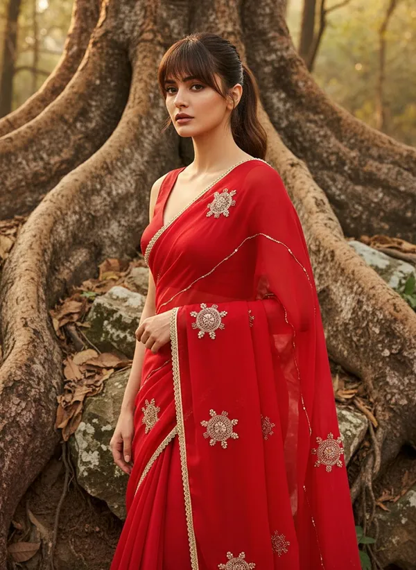 Red_Georgette_Embroidered_Embellished_Saree_For_Women_|_With_Blouse_Piece
