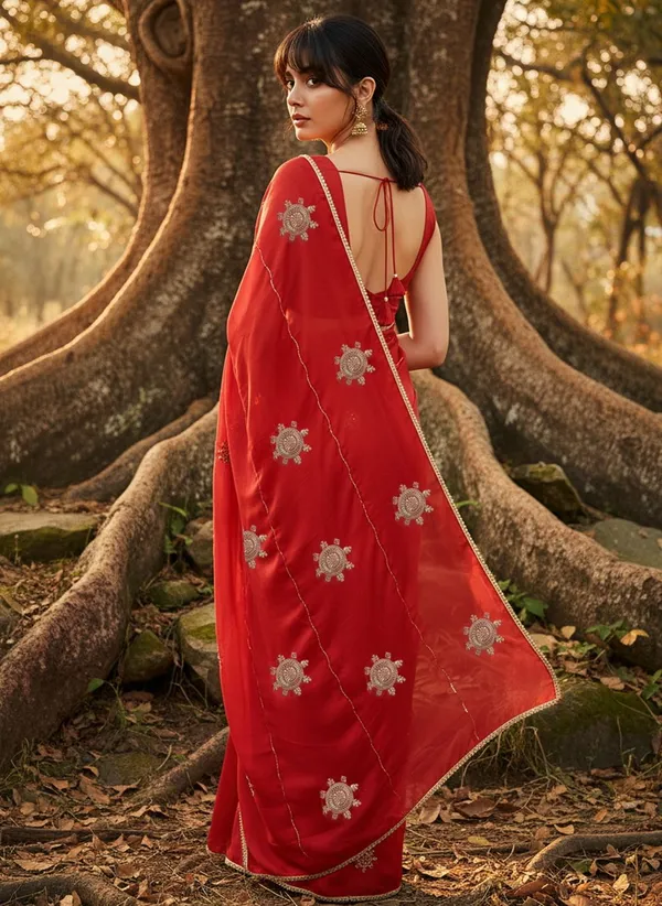 Red_Georgette_Embroidered_Embellished_Saree_For_Women_|_With_Blouse_Piece