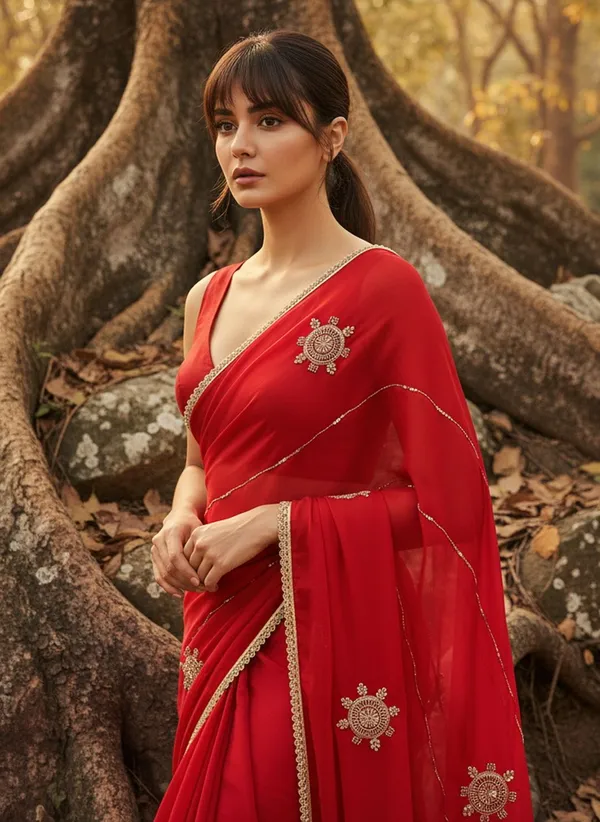 Red_Georgette_Embroidered_Embellished_Saree_For_Women_|_With_Blouse_Piece