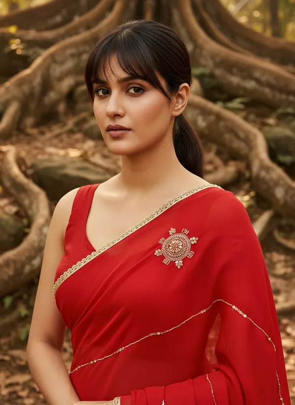 Red_Georgette_Embroidered_Embellished_Saree_For_Women_|_With_Blouse_Piece