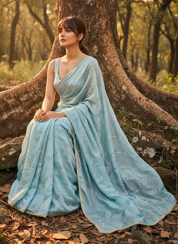 Turquoise_Georgette_Silk_Blend_Beadwork_Sequin_Saree_For_Women_|_With_Blouse_Piece