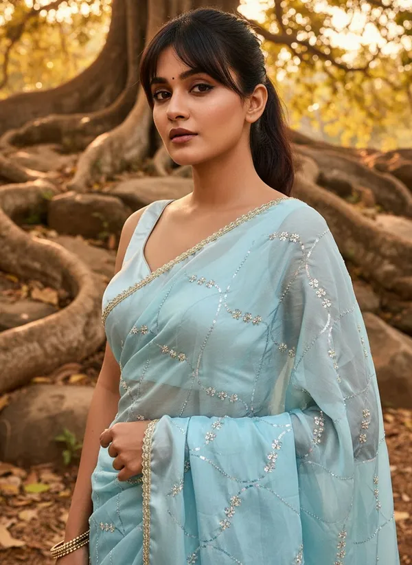 Turquoise_Georgette_Silk_Blend_Beadwork_Sequin_Saree_For_Women_|_With_Blouse_Piece
