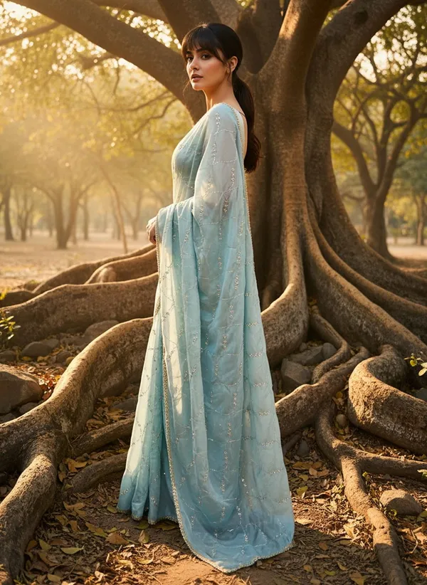 Turquoise_Georgette_Silk_Blend_Beadwork_Sequin_Saree_For_Women_|_With_Blouse_Piece