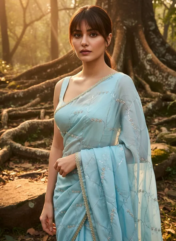Turquoise_Georgette_Silk_Blend_Beadwork_Sequin_Saree_For_Women_|_With_Blouse_Piece