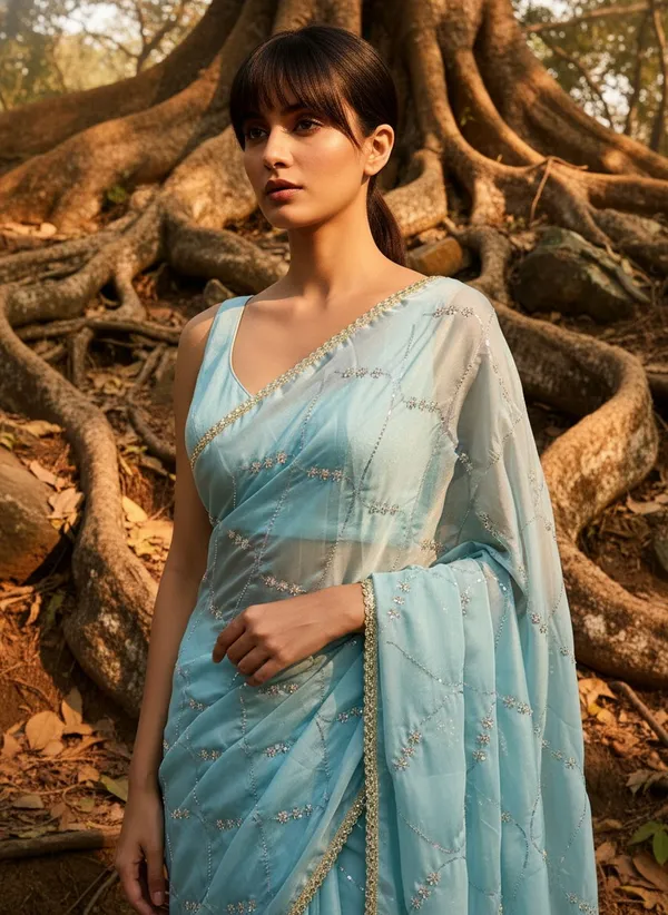 Turquoise_Georgette_Silk_Blend_Beadwork_Sequin_Saree_For_Women_|_With_Blouse_Piece