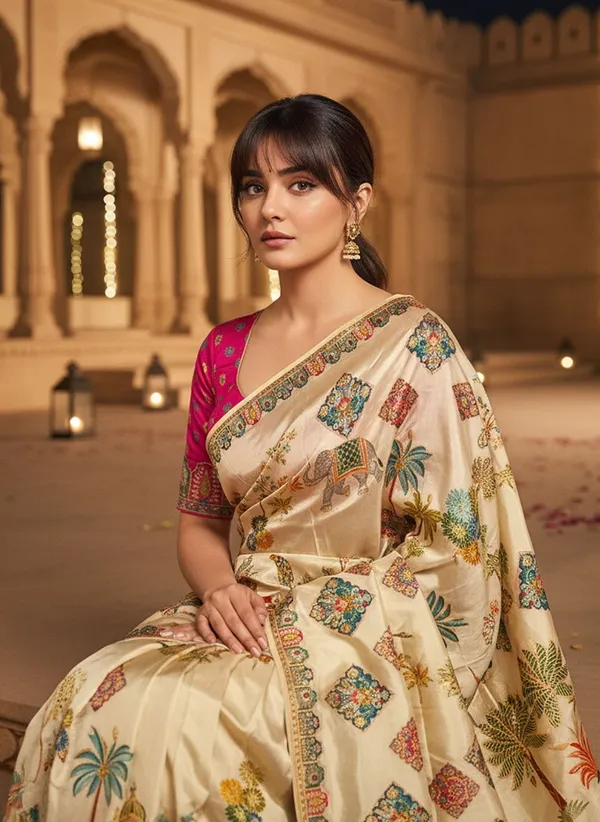 Off_White_Banarasi_Pure_Silk_Printed_Jacquard_Saree_For_Women_|_With_Blouse_Piece
