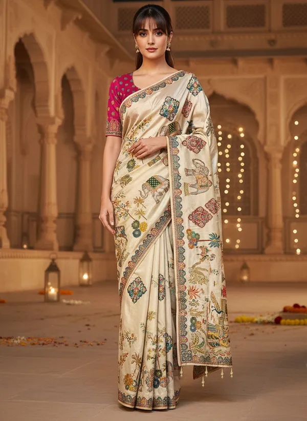 Off_White_Banarasi_Pure_Silk_Printed_Jacquard_Saree_For_Women_|_With_Blouse_Piece