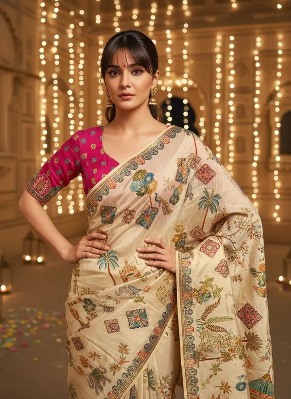 Off_White_Banarasi_Pure_Silk_Printed_Jacquard_Saree_For_Women_|_With_Blouse_Piece