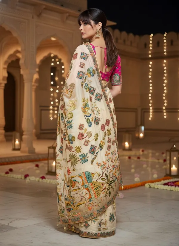 Off_White_Banarasi_Pure_Silk_Printed_Jacquard_Saree_For_Women_|_With_Blouse_Piece