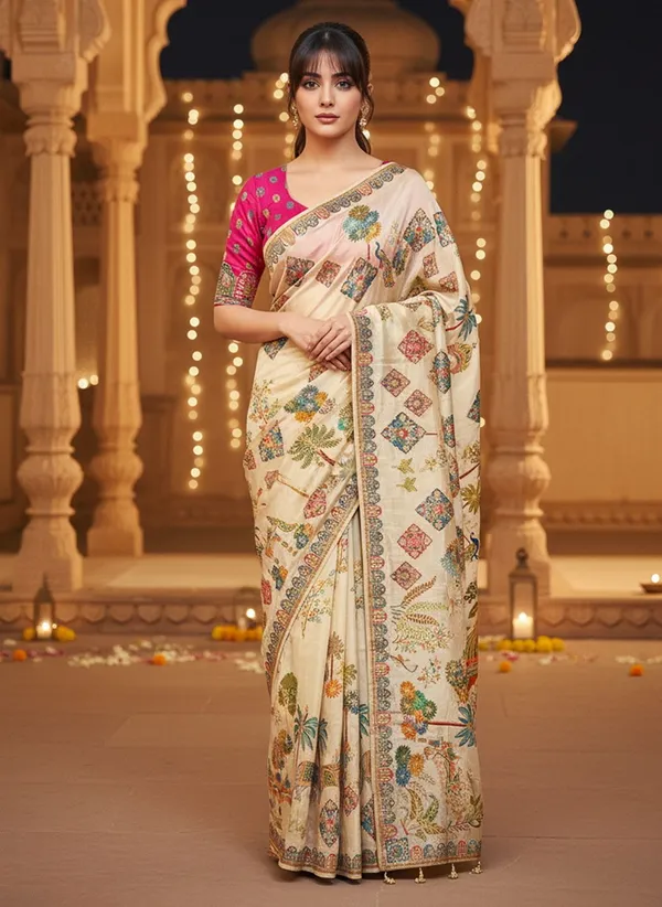 Off_White_Banarasi_Pure_Silk_Printed_Jacquard_Saree_For_Women_|_With_Blouse_Piece