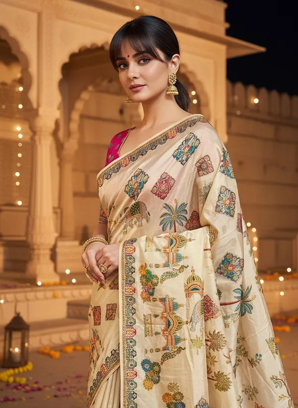 Off_White_Banarasi_Pure_Silk_Printed_Jacquard_Saree_For_Women_|_With_Blouse_Piece