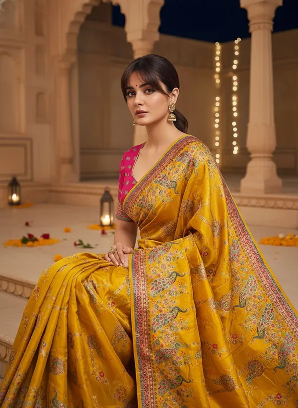 Yellow_Banarasi_Pure_Silk_Jacquard_Printed_Saree_For_Women_|_With_Blouse_Piece