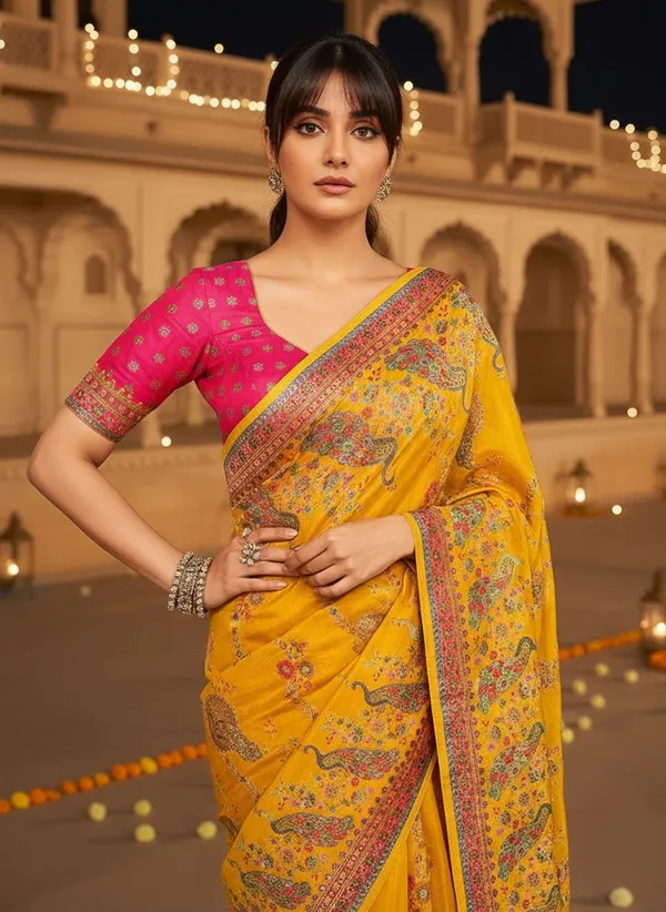 Yellow_Banarasi_Pure_Silk_Jacquard_Printed_Saree_For_Women_|_With_Blouse_Piece